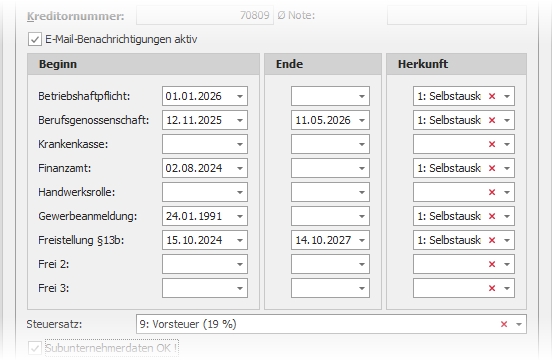Detail "3. Lieferantendaten" mit Bescheinigungsübersicht