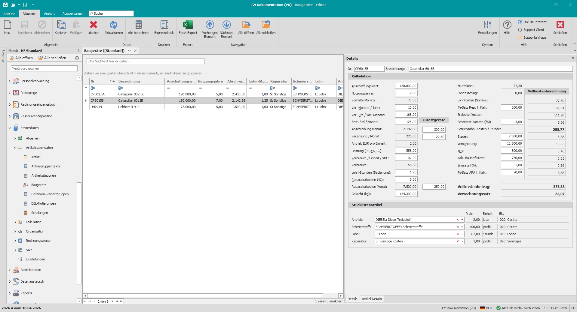 Hauptfenster "Baugeräte"