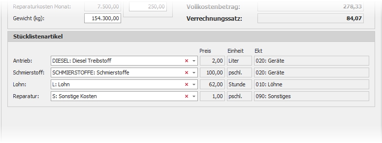 Detail "Baugeräte" mit Gruppe "Stücklistenartikel"