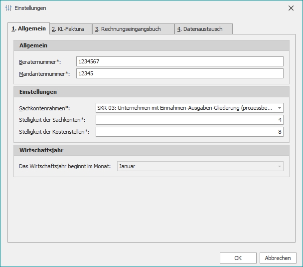 Einstellungen zu DATEV mit Gruppe "1. Allgemein"