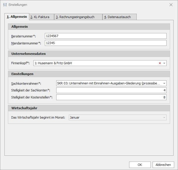 Einstellungen zu DATEV mit Gruppe "Allgemein"