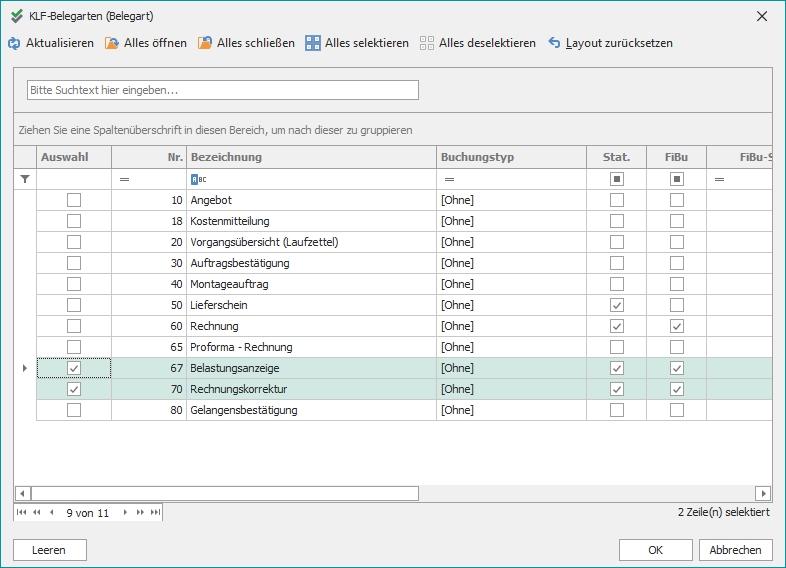 Auswahl "Belegarten"