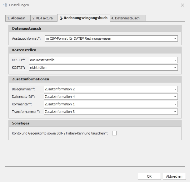 Einstellungen zu DATEV mit Reiter "3. Rechnungseingangsbuch"