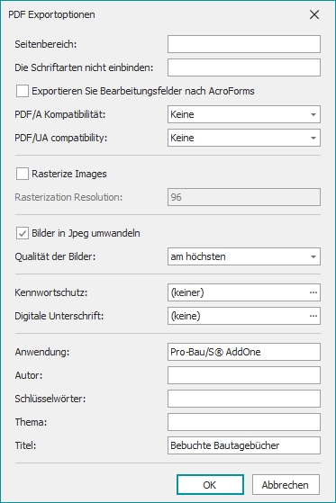 Dialog "Exportoptionen" für PDF-Dateien