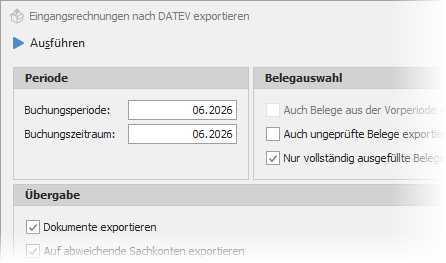 Dialog "Eingangsrechnungen exportieren" mit Gruppe "Periode"