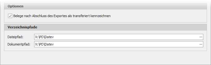 Dialog "Eingangsrechnungen exportieren" mit Gruppe "Verzeichnispfade"