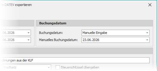 Dialog "Rechnungen aus KL-Faktura exportieren" mit Gruppe "Buchungsdatum"