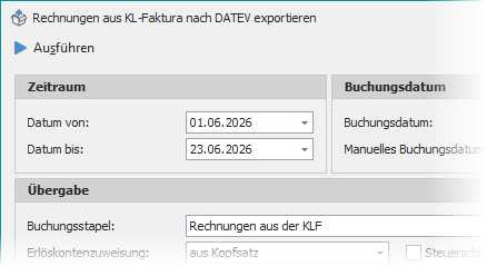 Dialog "Rechnungen aus KL-Faktura exportieren" mit Gruppe "Zeitraum"