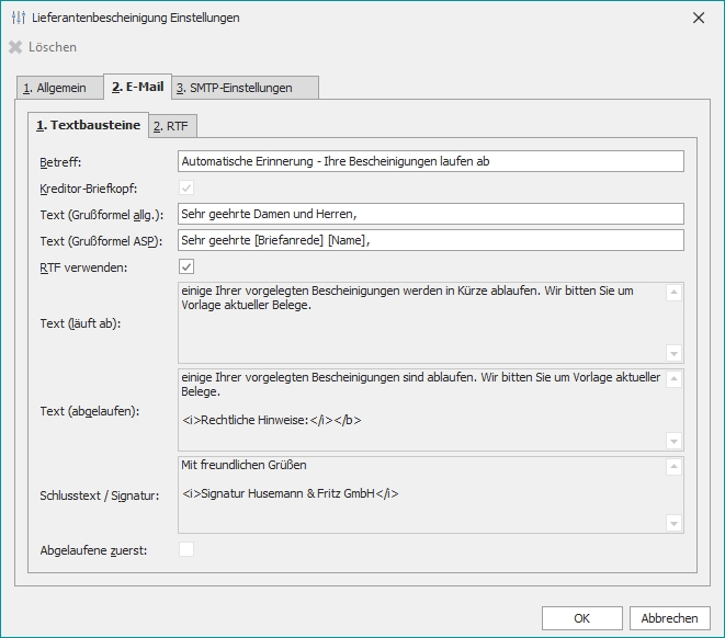 Einstellungen "1. Textbausteine"