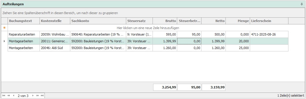 Dockingfenster "Aufteilungen"