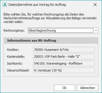 Dialog "Datenübernahme aus Vortrag NU-Auftrag"