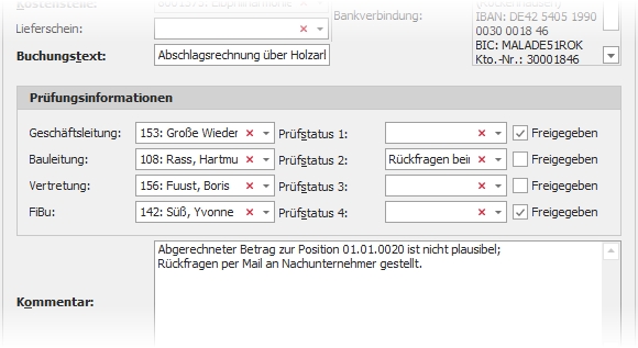 Detail "Rechnungseingangsbuch" mit Gruppe "Prüfungsinformationen"