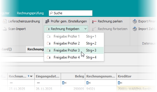 Multifunktionsleiste "Allgemein" mit Schalter "Rechnung freigeben"