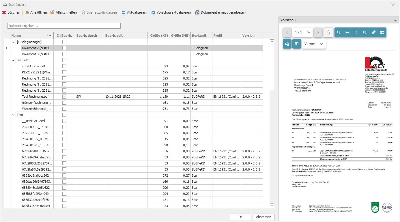 Hauptfenster "Scan-Import"