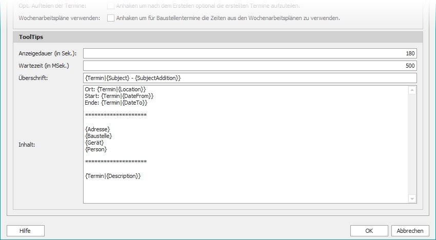 Einstellungen mit Gruppe "ToolTips"