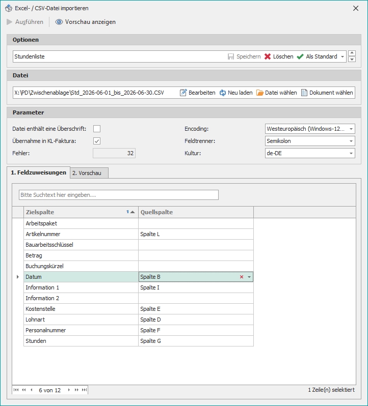 Dialog "Excel- / CSV-Datei importieren"