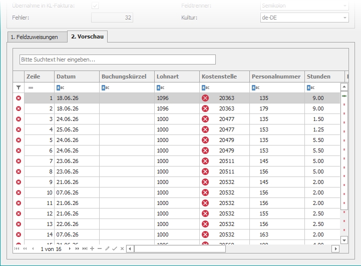 Dialog "Excel- / CSV-Datei importieren" mit Reiter "2. Vorschau"