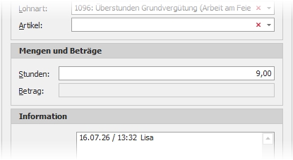 Detail "Stundenerfassung" mit Gruppe "Mengen und Beträge"