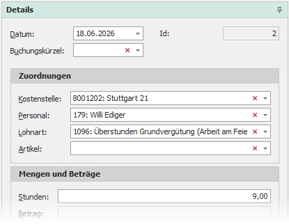 Detail "Stundenerfassung" mit Gruppe "Zuordnungen"