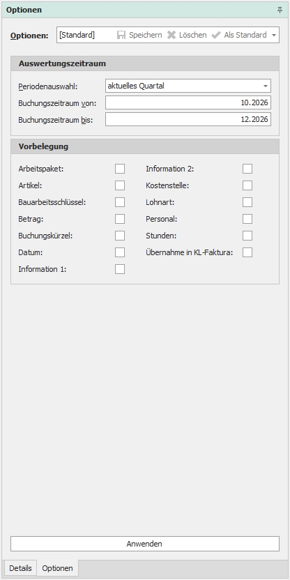 Dockingfenster "Optionen"