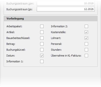 Dockingfenster "Optionen" mit Gruppe "Vorbelegung"