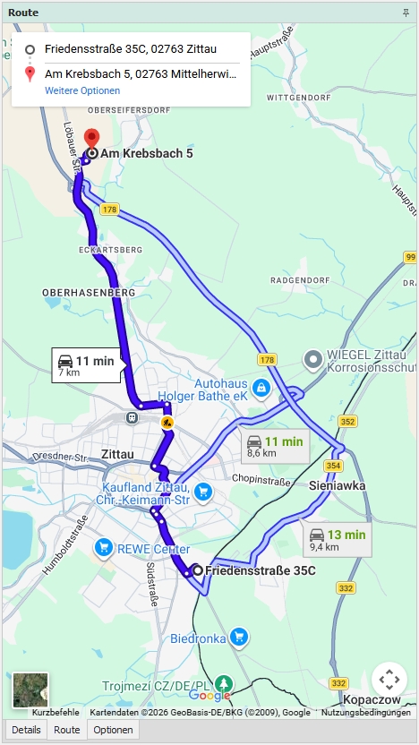 Dockingfenster "Route"
