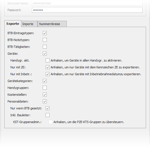 Detail mit Reiter "Exporte"