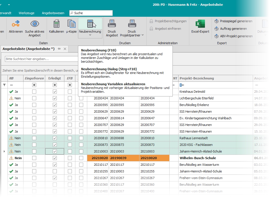 Angebotsliste mit Neuberechnung