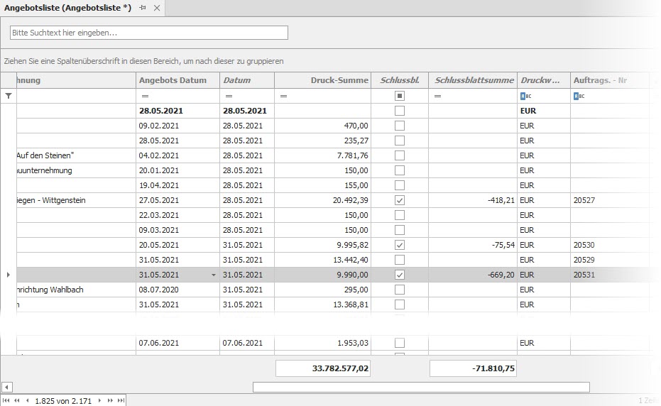 Angebotsliste mit Schlussblattsummen