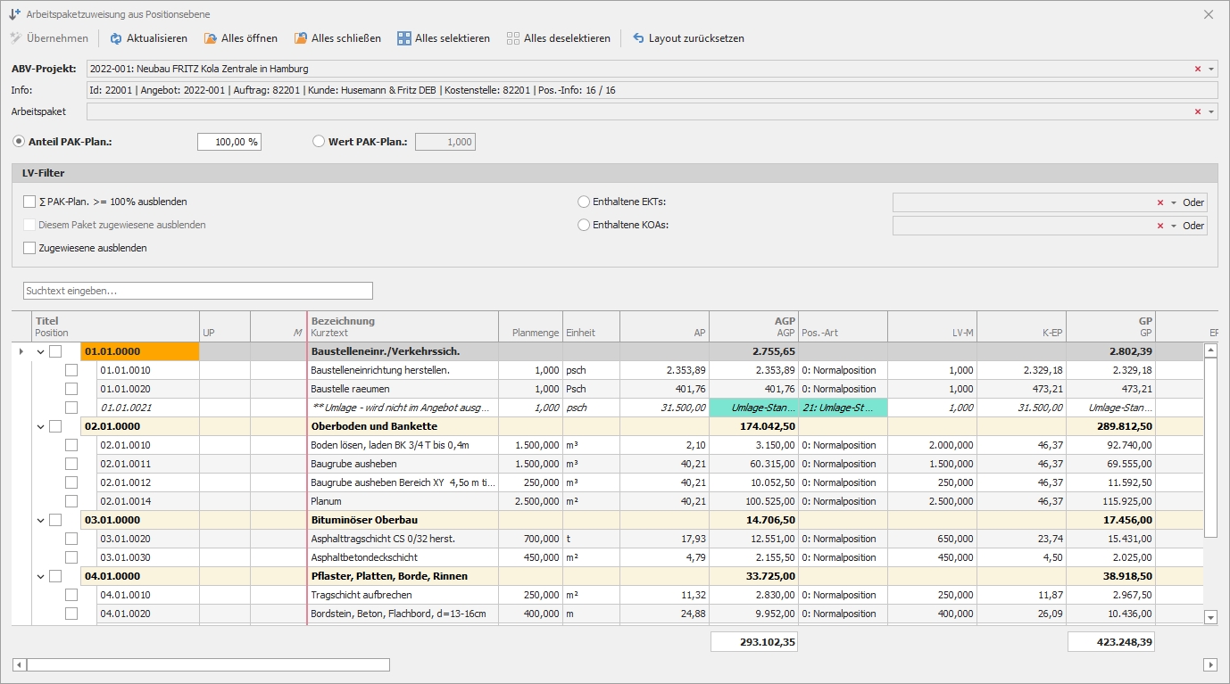 Arbeitspaketzuweisung mit Positionsart