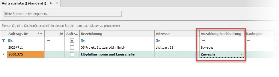 Auftragsliste mit Feld "Anzahlungsbuchhaltung" Auftragsliste mit Feld "Anzahlungsbuchhaltung"