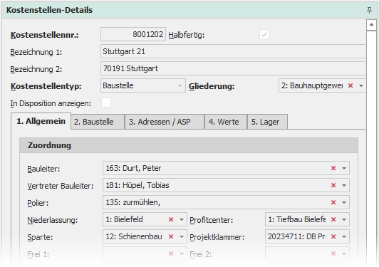 Kostenstellendetails mit Bauleitervertreter Kostenstellendetails mit Bauleitervertreter