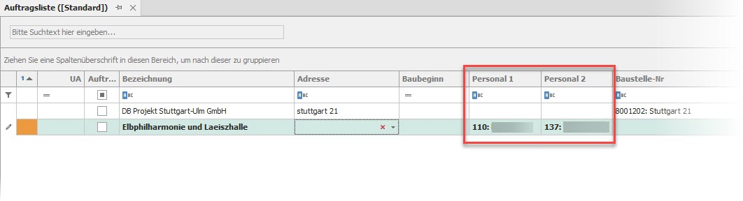 Auftragsliste mit Personalfeldern Auftragsliste mit Personalfeldern