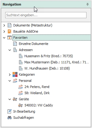 Dockingfenster "Navitagion" mit Favoriten