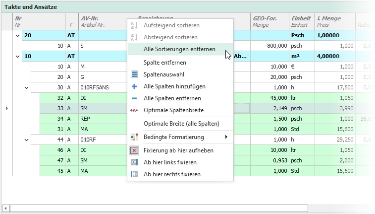 Kalkulationseditor mit Kontextmenü Kalkulationseditor mit Kontextmenü