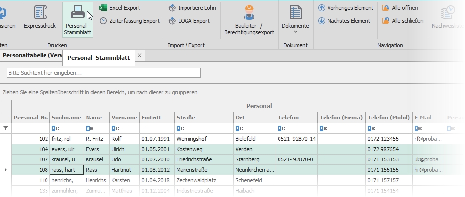 Aufruf Personalstammblatt mit Multiselekt