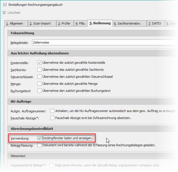 Einstellungen des Rechnungseingangsbuches