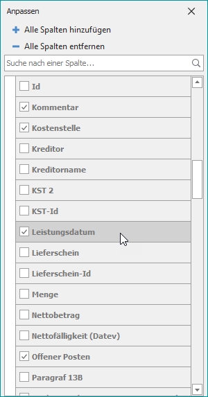 Spaltenauswahl des Rechnungseingangsbuches