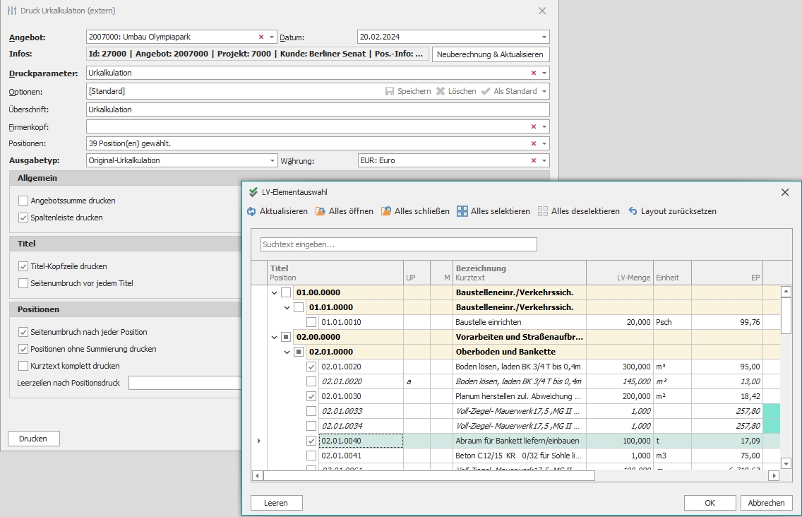 Urkalkulation drucken