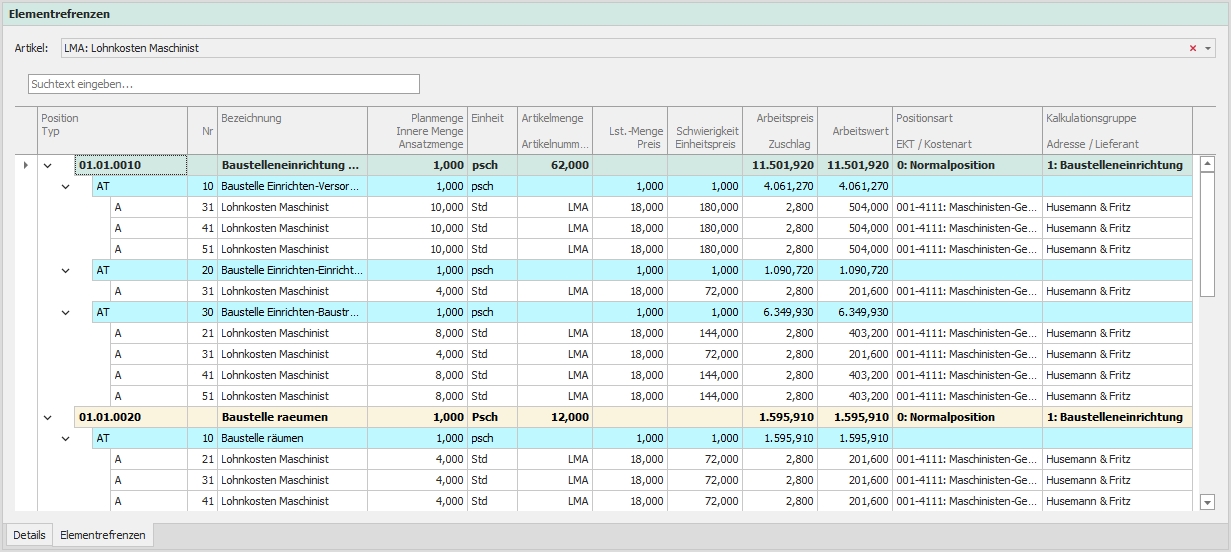 Dockingfenster "Elementreferenzen"