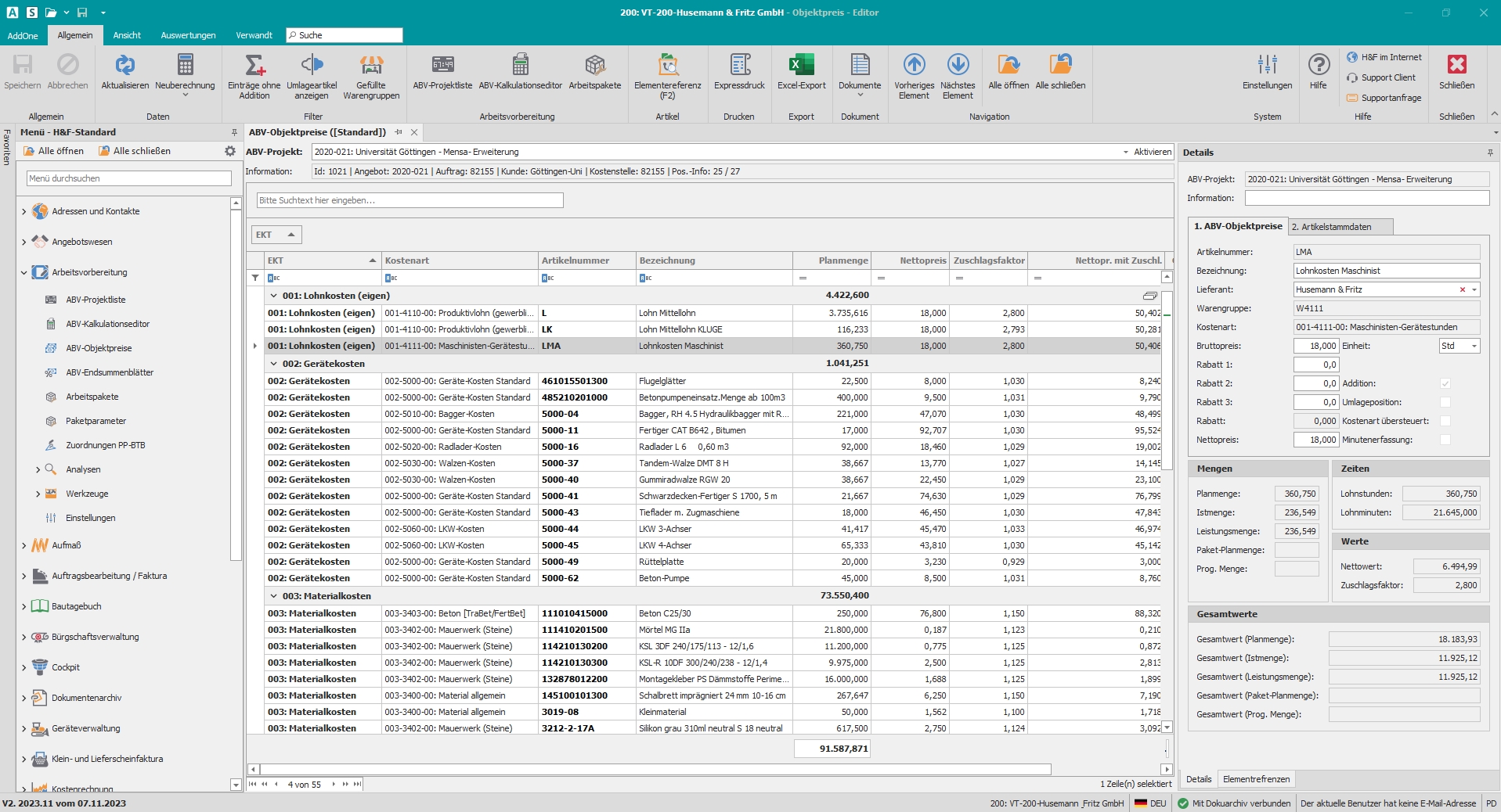 Hauptfenster "ABV-Objektpreise"