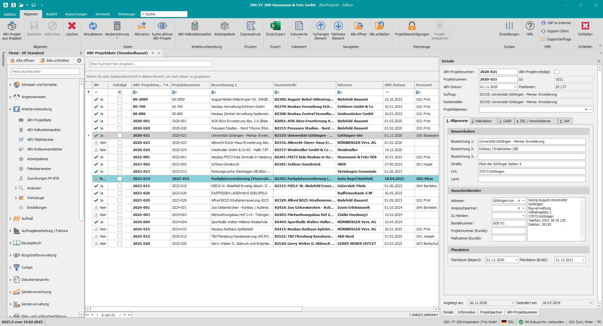 Hauptfenster "ABV-Projektliste"