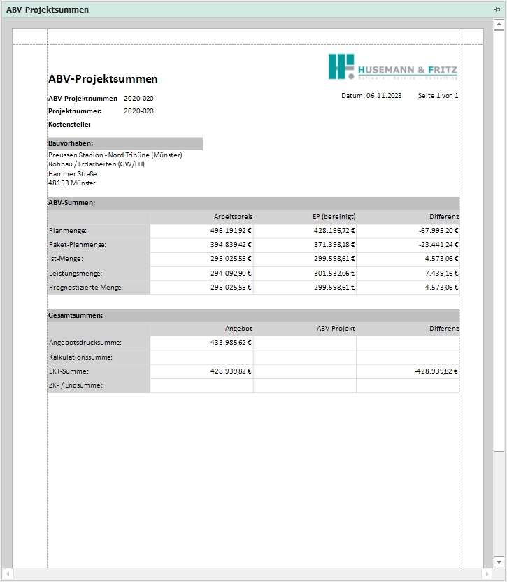 Dockingfenster "ABV-Projektsummen"