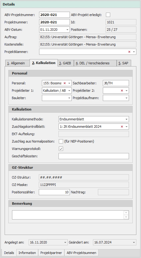 Detail mit Reiter "2. Kalkulation"