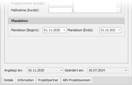 Detail mit Gruppe "Plandaten" Detail mit Gruppe "Plandaten"