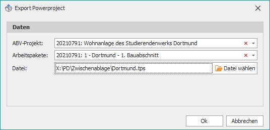 Dialog "Export Powerproject"