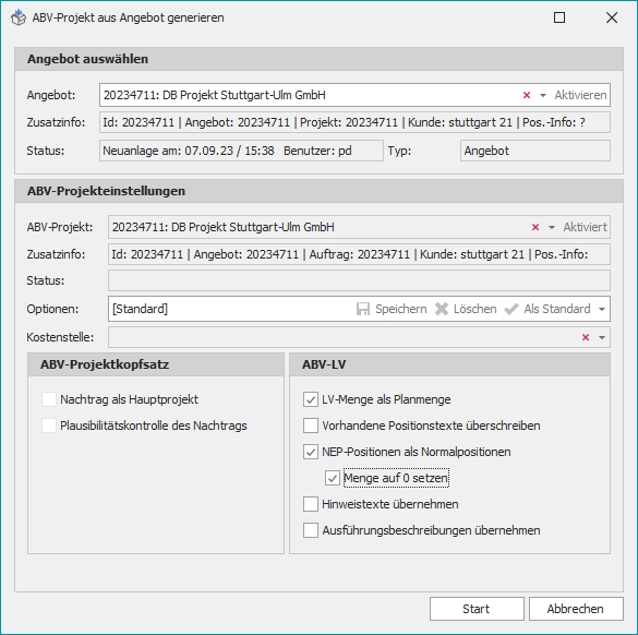Dialog "ABV-Projekt aus Angebot"
