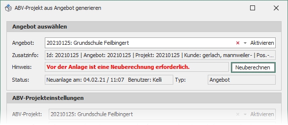 Hinweismeldung "Neuberechnung"