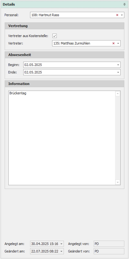 Detail "Abwesenheiten" Detail "Abwesenheiten"