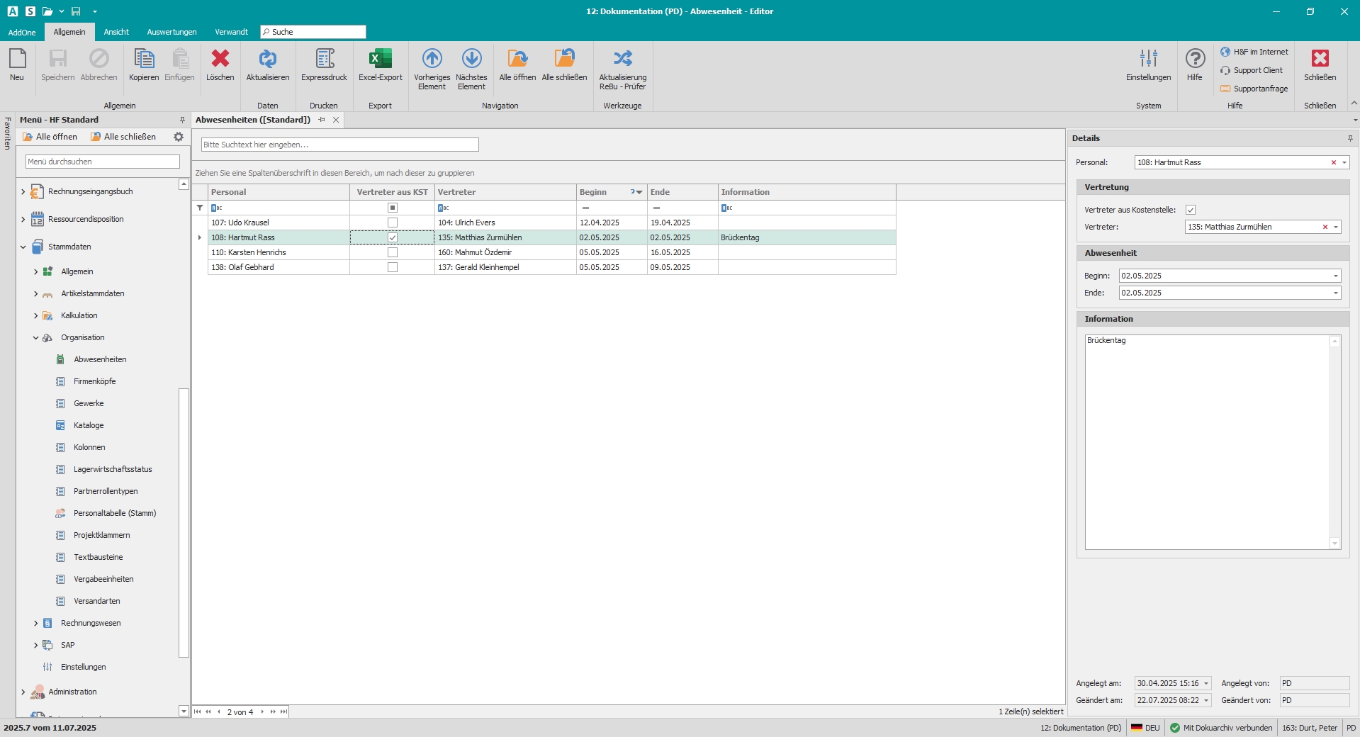 Hauptfenster "Abwesenheiten"